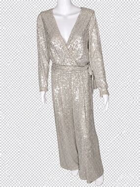Eliza J Size 14 Silver Sequin Belted Wide-Leg Jumpsuit 🔥🔥